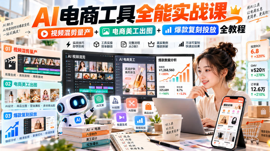 AI电商工具全能实战教学，视频混剪量产+电商美工出图+爆款复刻投放全教程​-资源V站