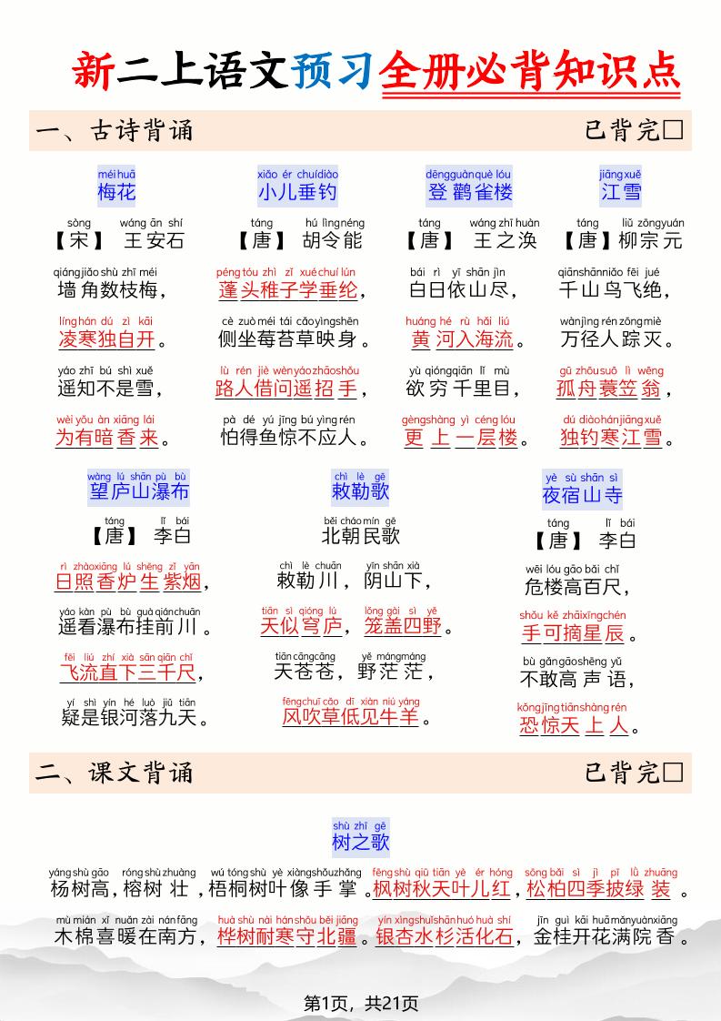 26新二上语文暑假预习全册必背知识点21页-资源V站