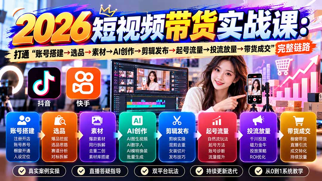 2026短视频带货实战课9月：打通“账号搭建→选品→素材→AI创作→剪辑发布→起号流量→投流放量→带货成交”完整链路-资源V站