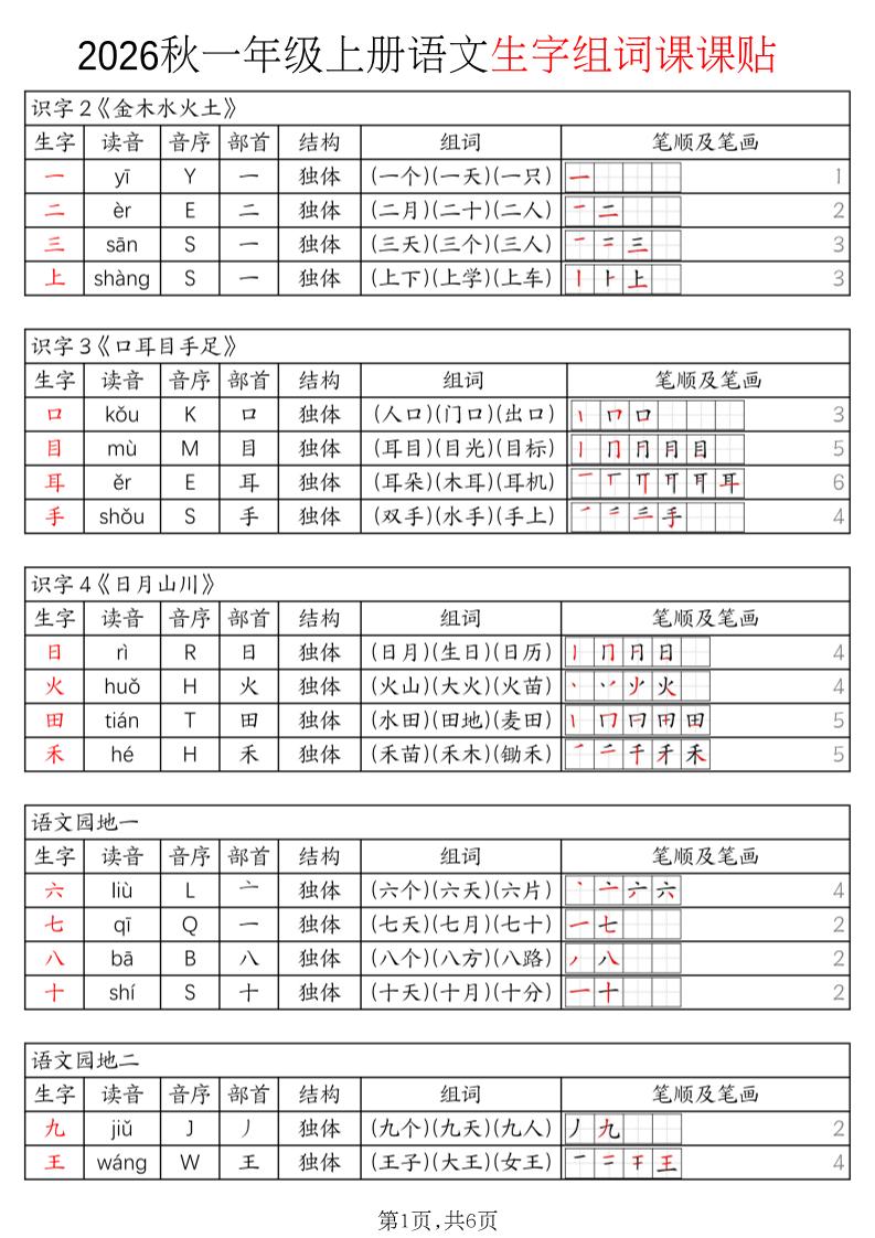 2026秋一年级上册语文生字组词课课贴-资源V站