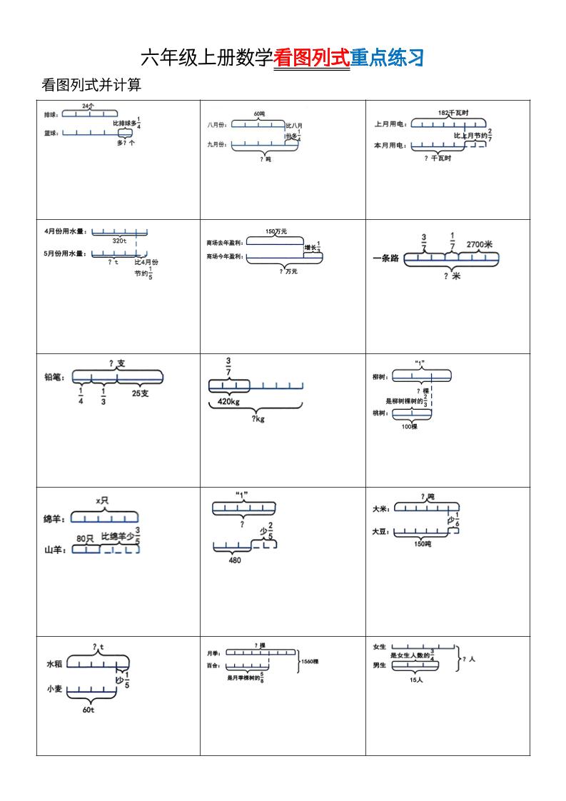 六上数学看图列式单位“1”专项练习-资源V站