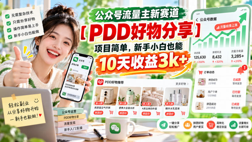 公众号流量主新赛道【PDD好物分享】，项目简单，新手小白也能10天收益3k+-资源V站