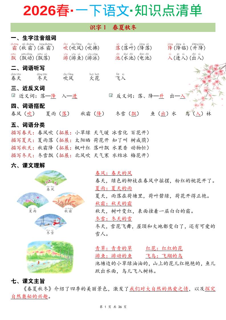 26春一年级下语文期末复习知识点清单-资源V站