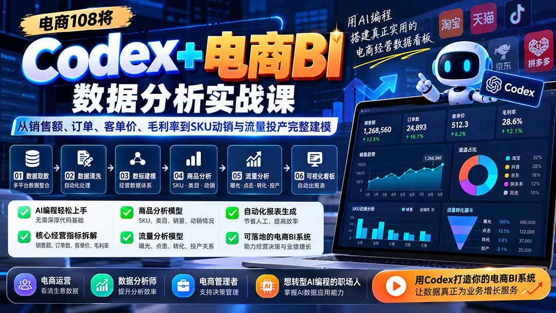 Codex+电商BI数据分析实战课-更新：从销售额、订单、客单价、毛利率到SKU动销与流量投产完整建模-资源V站