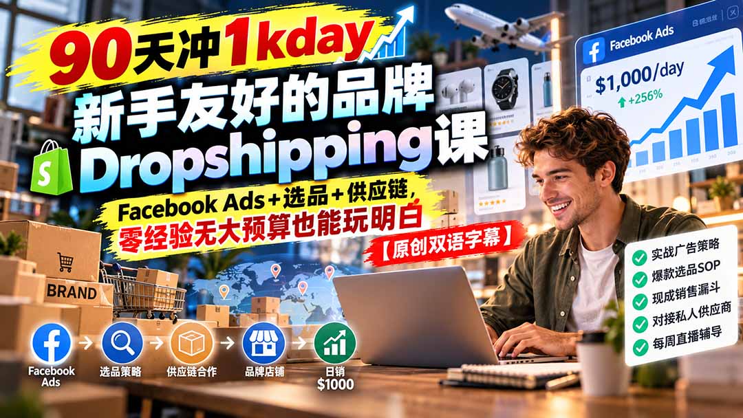 90天冲1kday 新手友好的品牌Dropshipping课：Facebook Ads+选品+供应链，零经验无大预算也能玩明白【原创双语字幕】-资源V站
