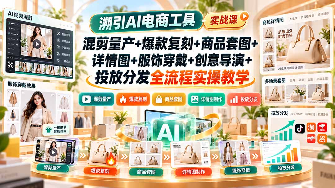 溯引AI电商工具实战课：混剪量产+爆款复刻+商品套图+详情图+服饰穿戴+创意导演+投放分发全流程实操教学-资源V站