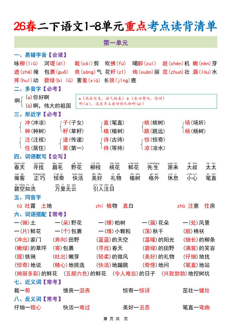 二年级下语文期末复习1-8单元重点考点读背清单-资源V站
