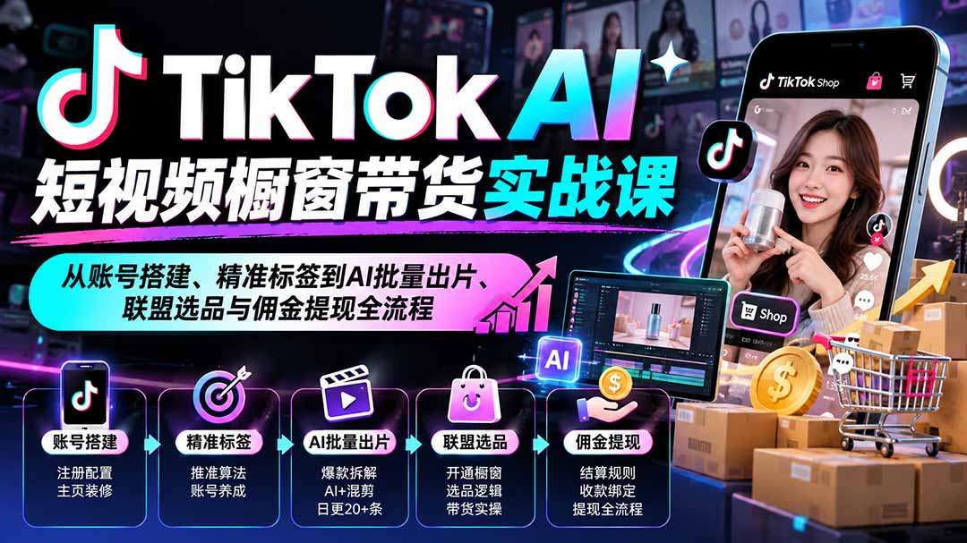 TikTok AI短视频橱窗带货实战课：从账号搭建、精准标签到AI批量出片、联盟选品与佣金提现全流程-资源V站