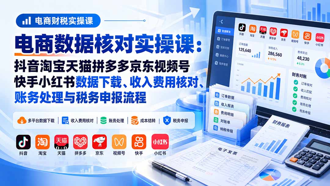 电商数据核账实操课：抖音淘宝天猫拼多多京东视频号快手小红书数据下载、收入费用核对、账务处理与税务申报流程-资源V站