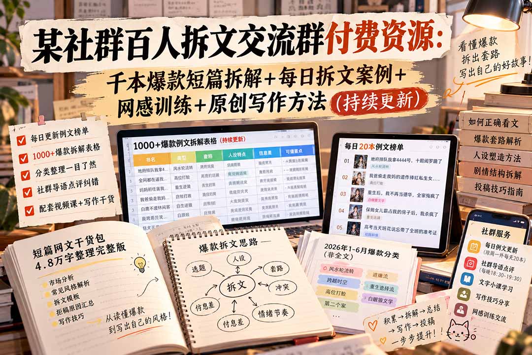 某社群百人拆文交流群付费资源-更新0929：千本爆款短篇拆解+每日拆文案例+网感训练+原创写作方法-资源V站