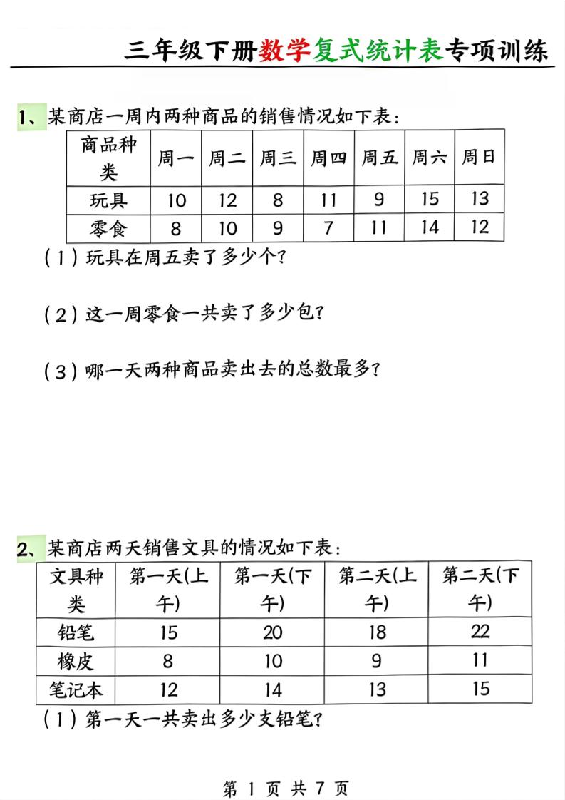 三年级下册数学复式统计表专项训练-资源V站