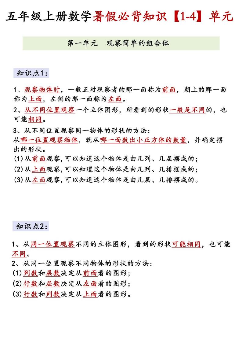 26新五上数学【1-4】单元必背知识《人教版》-资源V站
