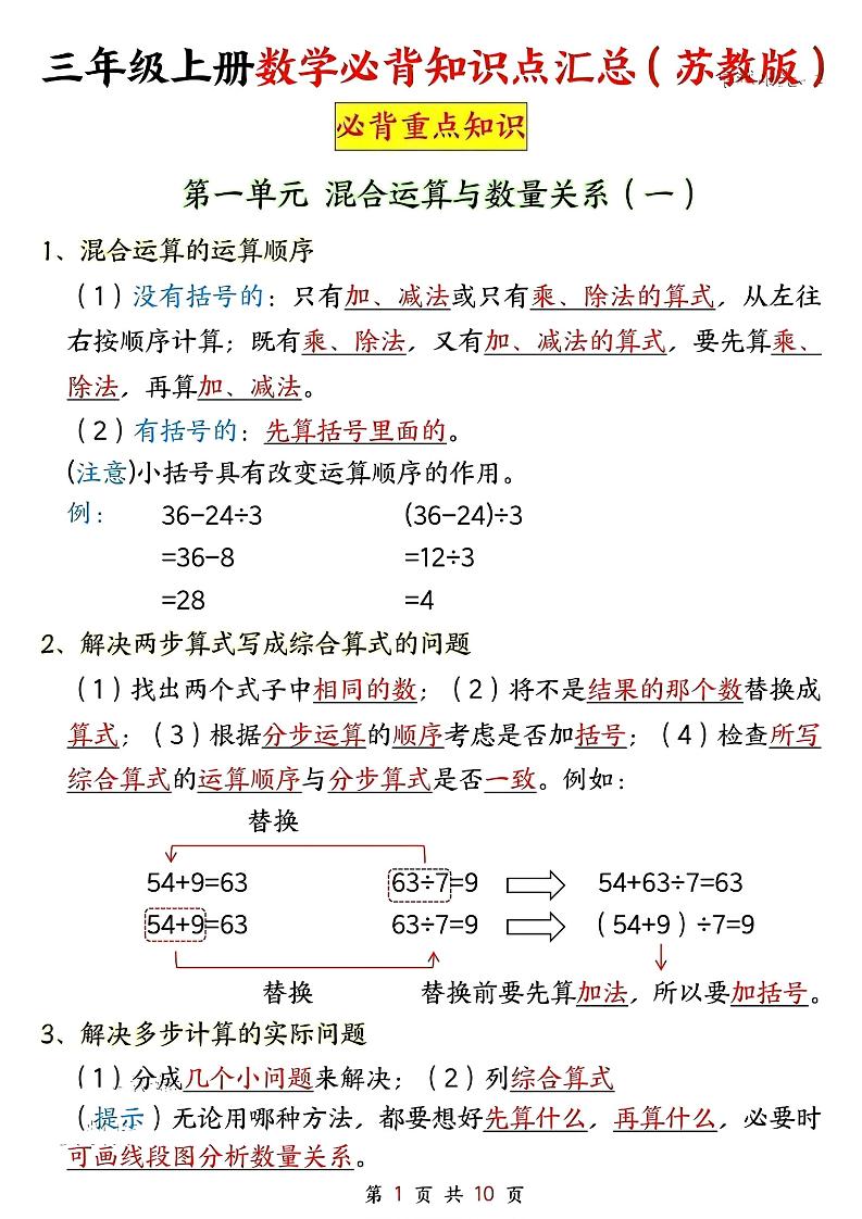 新三上苏教版数学必背重点知识-资源V站
