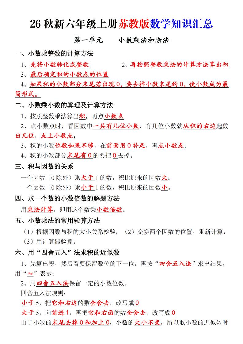 26秋新六上苏教版数学知识汇总_-资源V站
