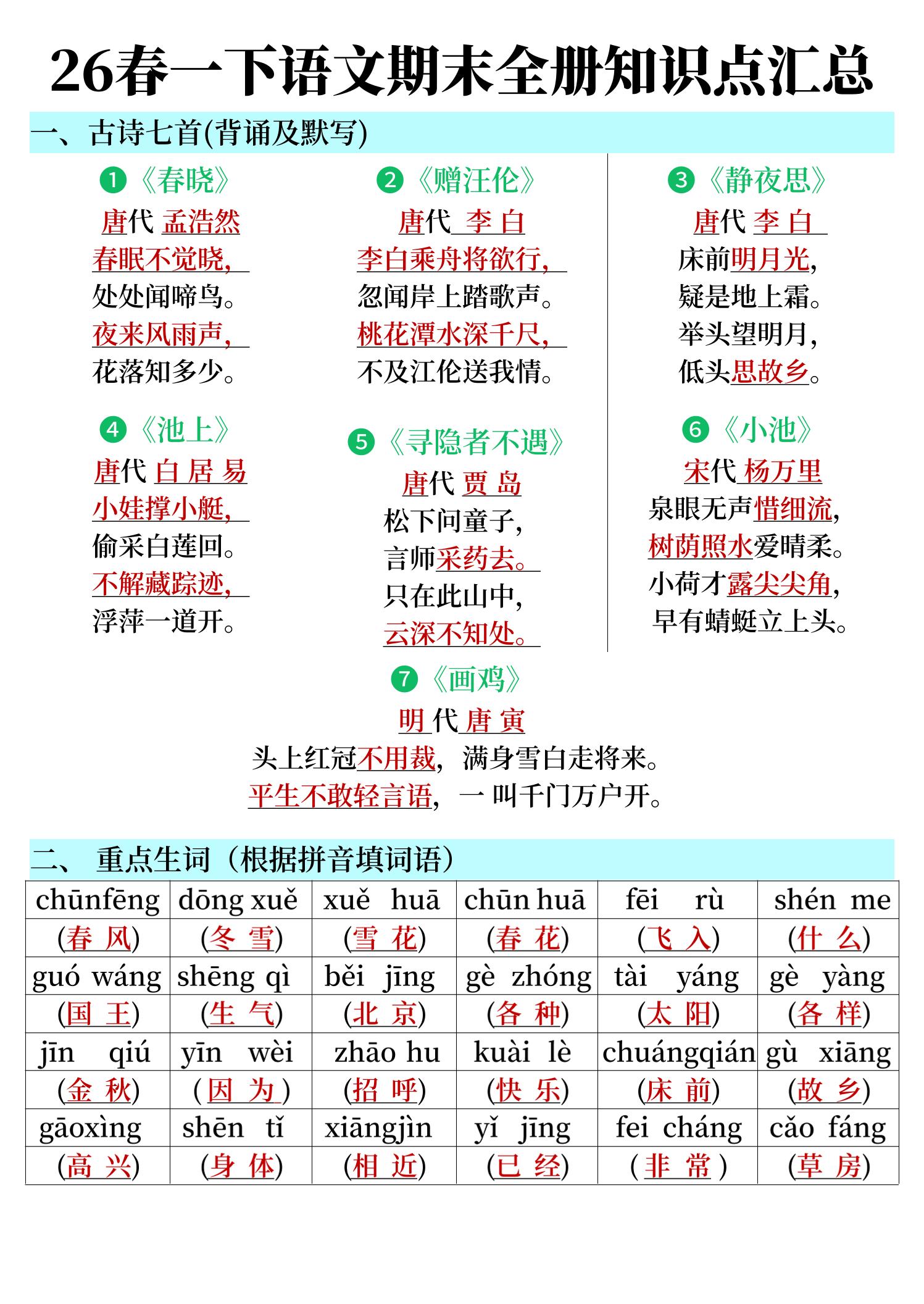 26春一下语文期末全册知识点汇总-资源V站