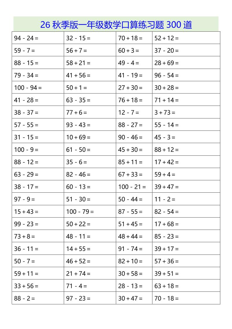 26秋季版一年级上数学口算练习题300道-资源V站