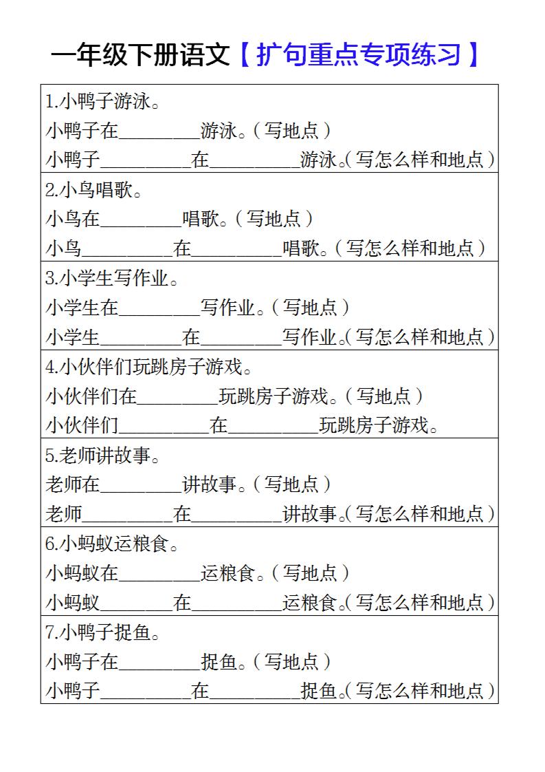 一年级下册语文扩句重点专项练习-资源V站