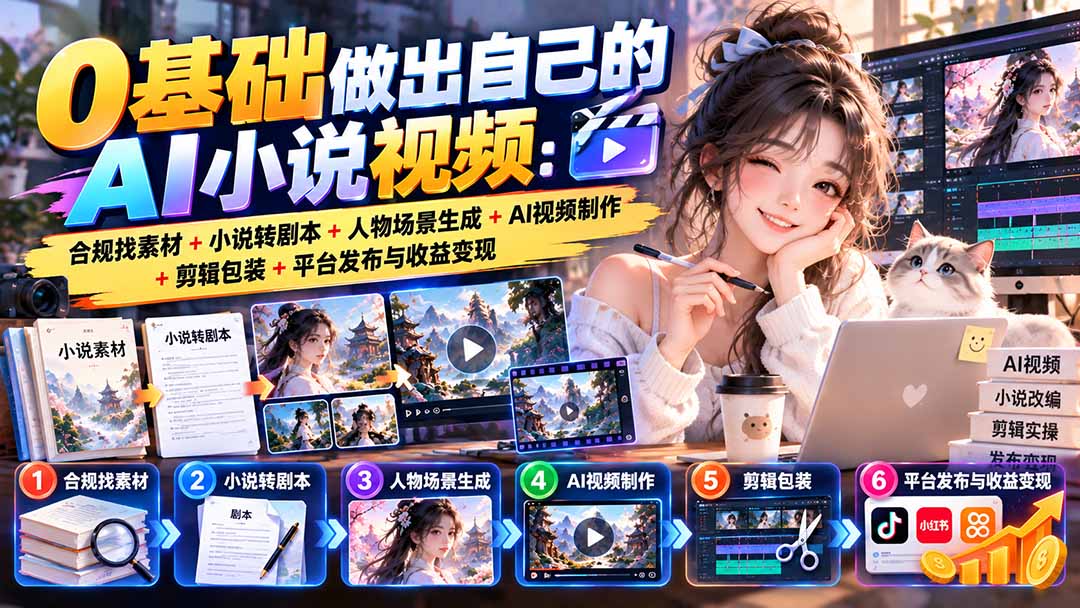 0基础做出自己的AI小说视频：合规找素材+小说转剧本+人物场景生成+AI视频制作+剪辑包装+平台发布与收益变现-资源V站