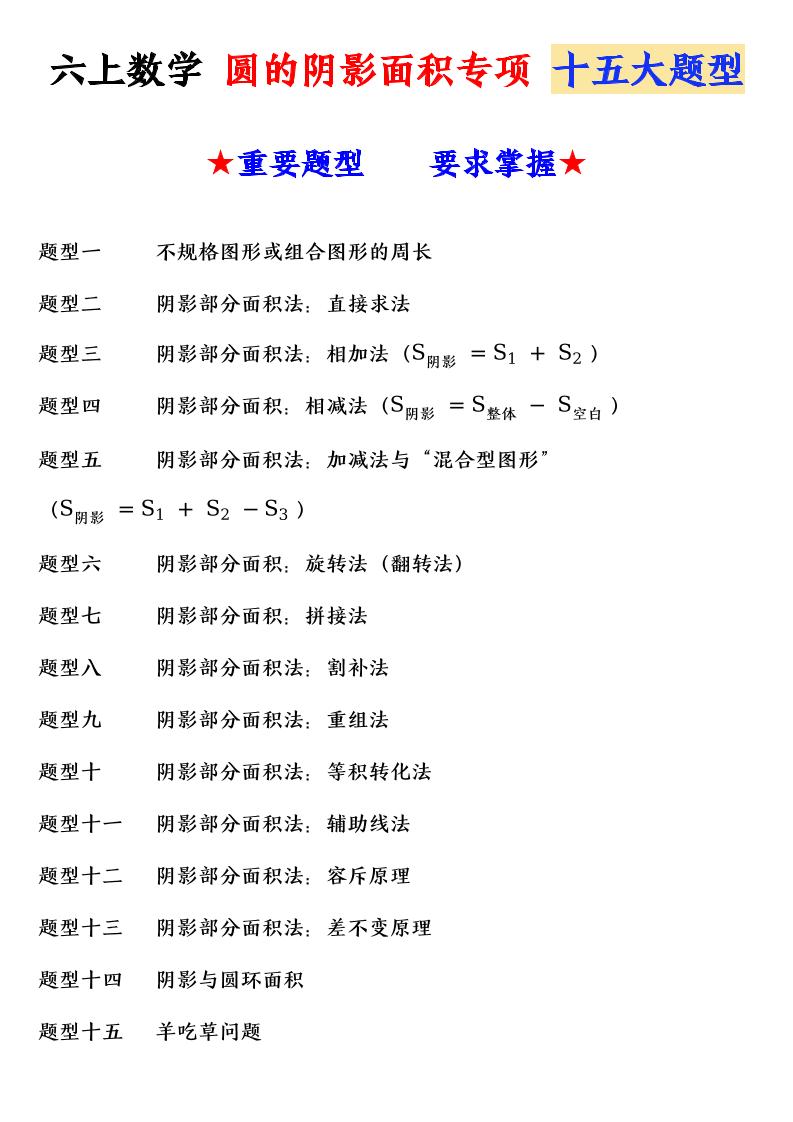 六上数学圆的阴影面积专项十五大题型-资源V站