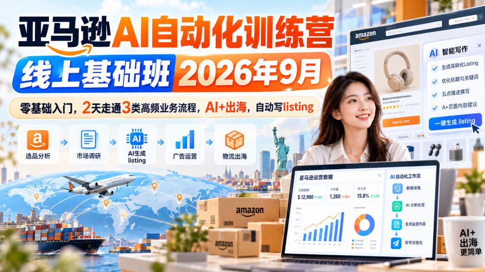 亚马逊AI自动化训练营线上基础班2026年9月，零基础入门，2天走通3类高频业务流程，AI+出海，自动写listing-资源V站