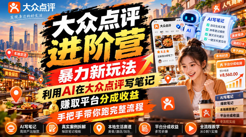 大众点评进阶营，暴力新玩法，利用AI在大众点评写笔记， 賺取平台分成收益，手把手带你跑完整流程-资源V站