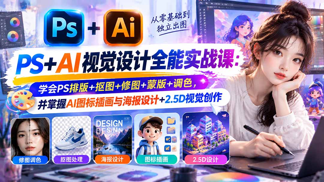【无水印】PS+AI视觉设计全能实战课：学会PS排版+抠图+修图+蒙版+调色，并掌握AI图标插画与海报设计+2.5D视觉创作-资源V站