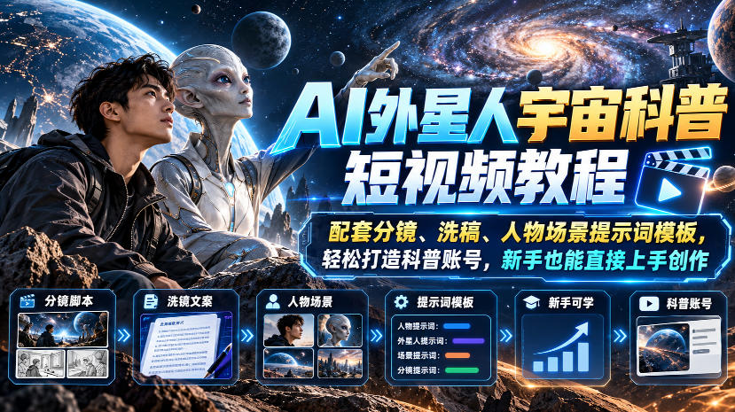 AI外星人宇宙科普短视频教程，配套分镜、洗稿、人物场景提示词模板，轻松打造科普账号，新手也能直接上手创作-资源V站