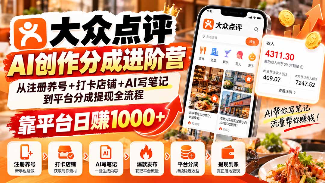 大众点评AI创作分成进阶营：从注册养号+打卡店铺+AI写笔记到平台分成提现全流程，靠平台日赚1000+-资源V站
