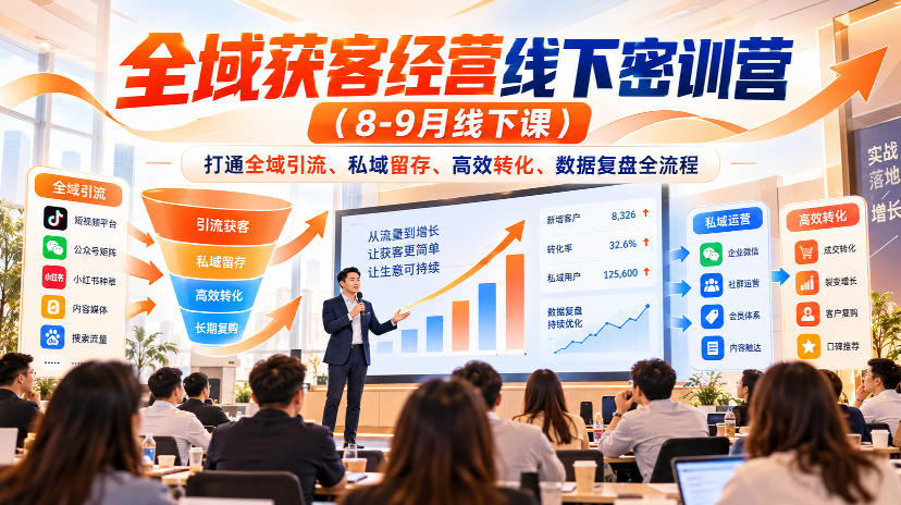全域获客经营线下密训营(8-9月线下课)，打通全域引流、私域留存、高效转化、数据复盘全流程-资源V站