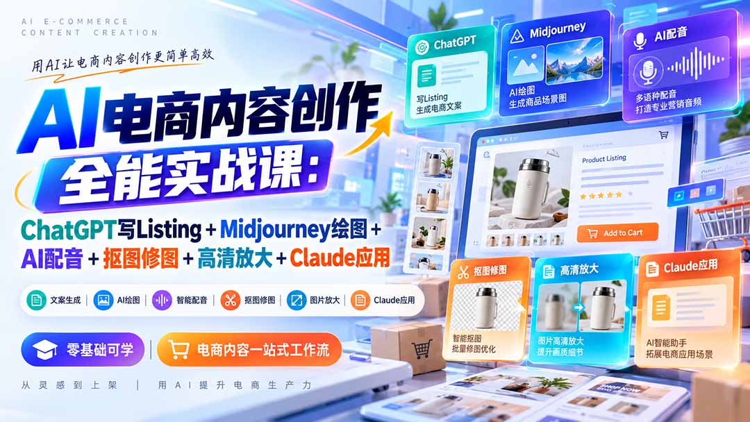 【无水印】AI电商内容创作全能实战课：ChatGPT写Listing+Midjourney绘图+AI配音+抠图修图+高清放大+Claude应用-资源V站