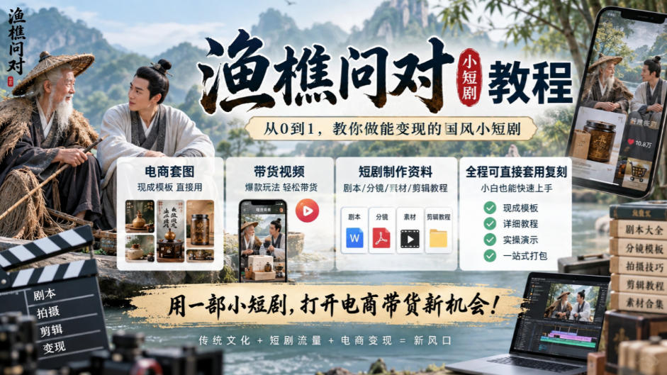 渔樵问对小短剧教程，包含电商套图、带货视频，短剧制作资料，全程可直接套用复刻-资源V站
