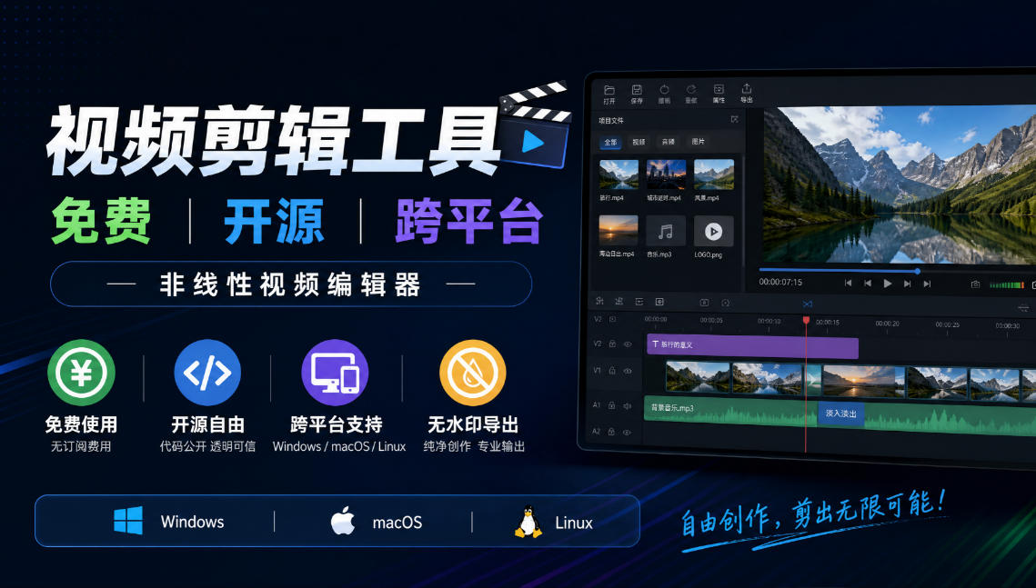 视频剪辑工具，免费、开源、跨平台，非线性视频编辑器，支持Windows、macOS、Linux，无水印、无订阅费用-资源V站