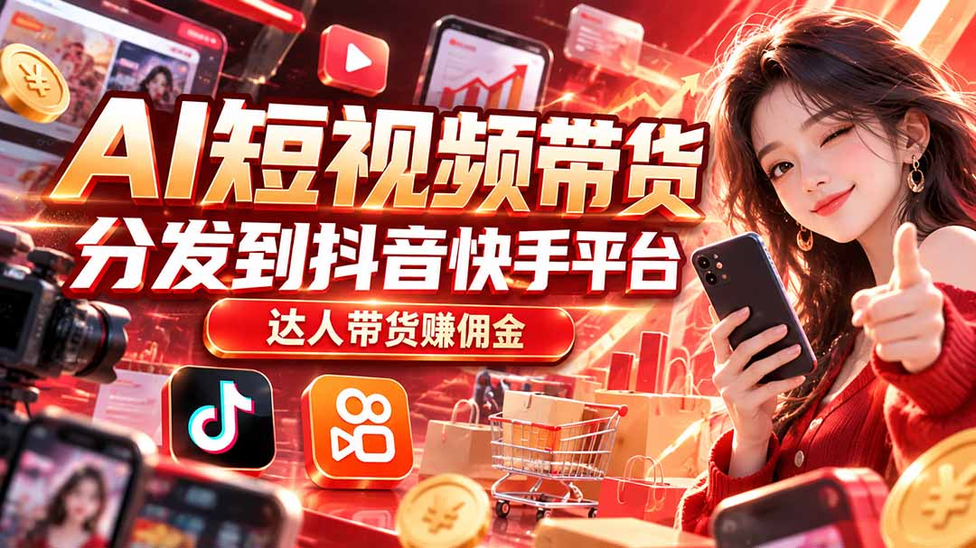 【AI短视频带货】分发到抖音快手平台，达人带货赚佣金-资源V站