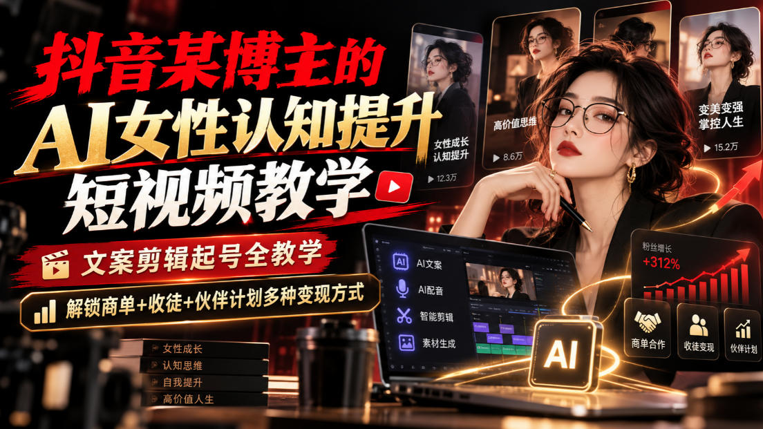 抖音某博主的Ai女性认知提升短视频教学，文案剪辑起号全教学，解锁商单+收徒+伙伴计划多种变现方式-资源V站