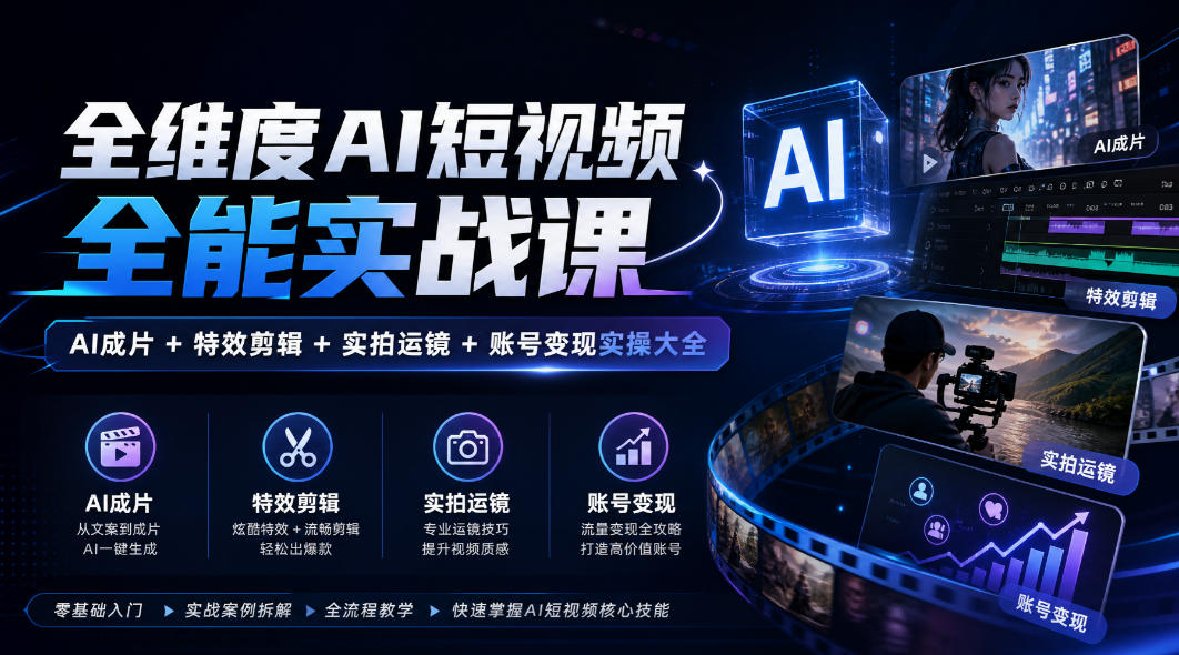 全维度AI短视频全能实战课，AI成片+特效剪辑+实拍运镜+账号变现实操大全-资源V站