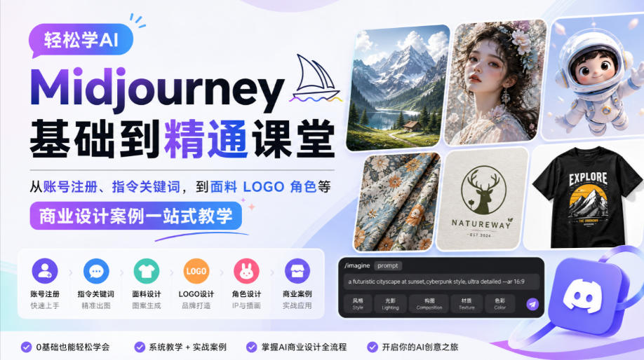 轻松学AI Midjourney基础到精通课堂，从账号注册、指令关键词，到面料LOGO角色等商业设计案例一站式教学-资源V站