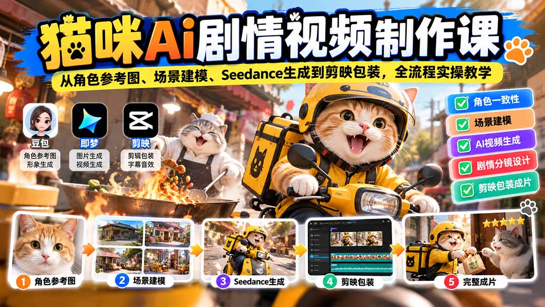猫咪AI剧情视频制作课：从角色参考图、场景建模、Seedance生成到剪映包装，全流程实操教学-资源V站