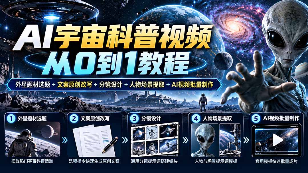 AI宇宙科普视频从0到1教程｜外星题材选题+文案原创改写+分镜设计+人物场景提取+AI视频批量制作-资源V站
