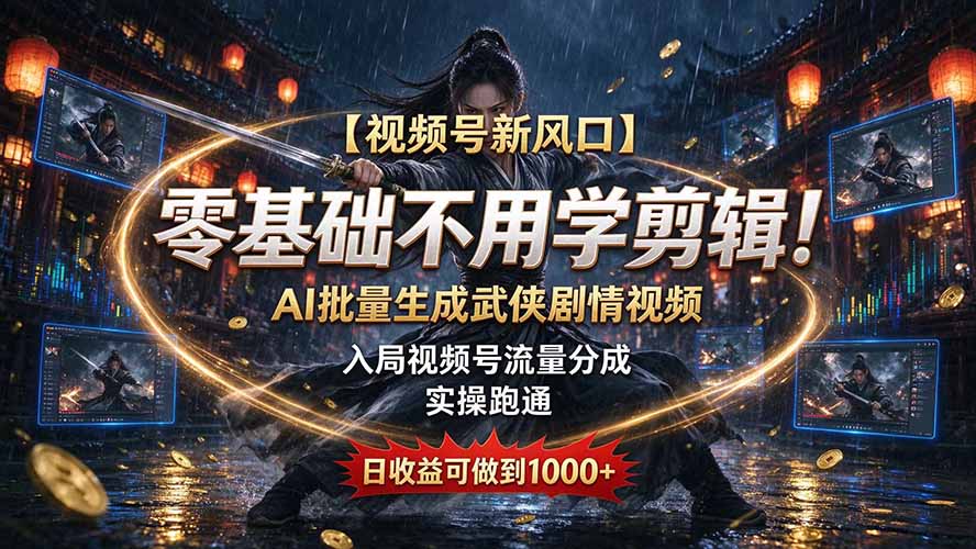 【视频号新风口】零基础不用学剪辑！AI 批量生成武侠剧情视频，入局视频号流量分成，实操跑通，日收益可做到 1000+-资源V站