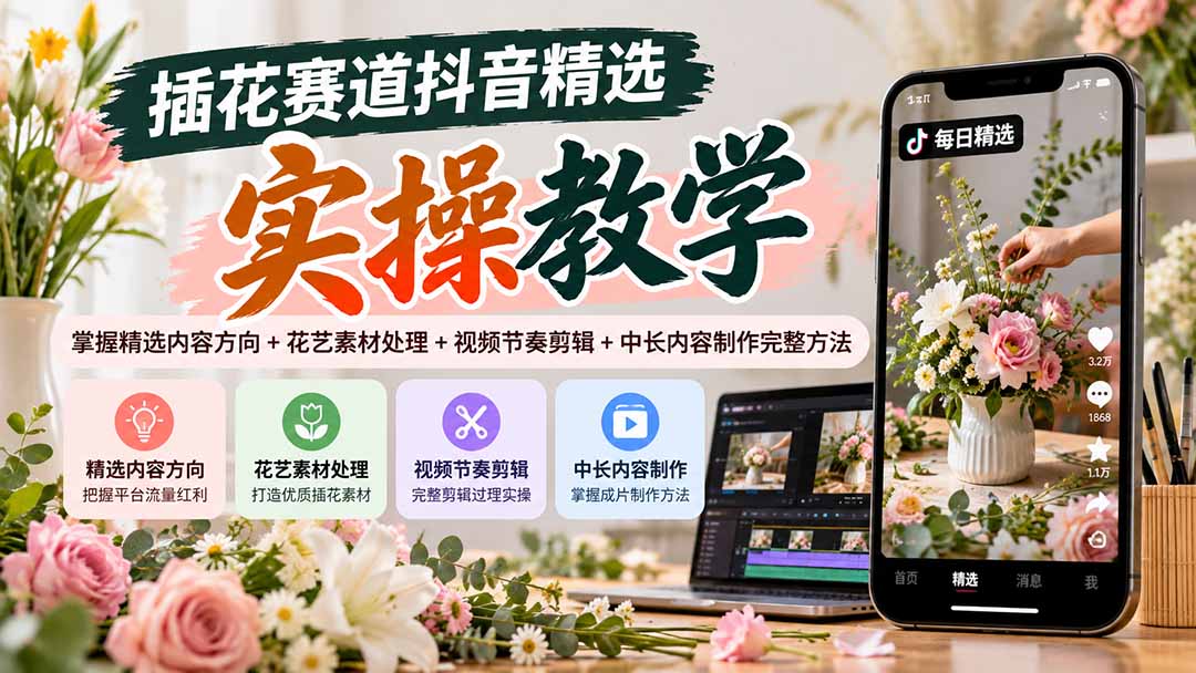 插花赛道抖音精选实操教学：掌握精选内容方向+花艺素材处理+视频节奏剪辑+中长内容制作完整方法-资源V站