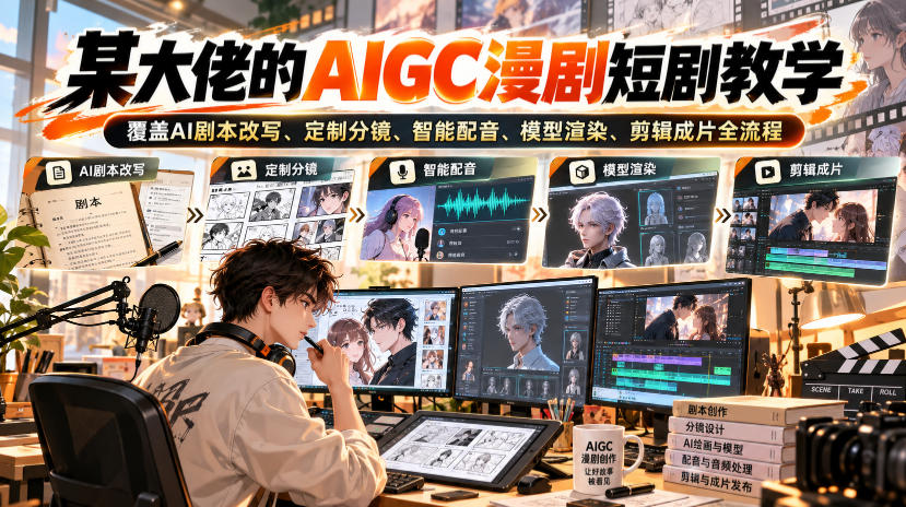 某大佬的AIGC漫剧短剧教学，覆盖AI剧本改写、定制分镜、智能配音、模型渲染、剪辑成片全流程-资源V站