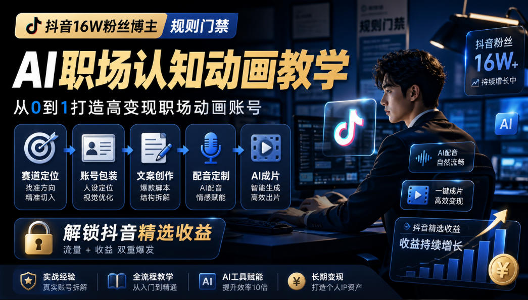 抖音16W粉丝博主规则门禁的AI职场认知动画教学，从赛道定位、账号包装，到文案创作、配音定制、AI成片，解锁抖音精选收益-资源V站