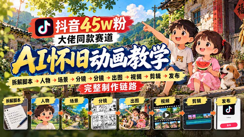 抖音45W粉大佬同款赛道AI怀旧动画教学：拆解脚本→人物→场景→分镜→出图→视频→剪辑→发布完整制作链路-资源V站