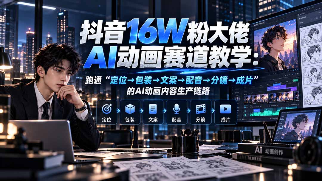 抖音16W粉大佬规则门禁AI动画赛道教学：跑通“定位→包装→文案→配音→分镜→成片”的AI动画内容生产链路-资源V站