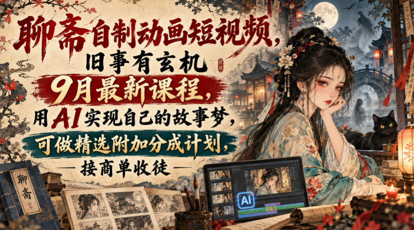 聊斋自制动画短视频，旧事有玄机9月最新课程，用AI实现自己的故事梦，可做精选附加分成计划，接商单收徒-资源V站