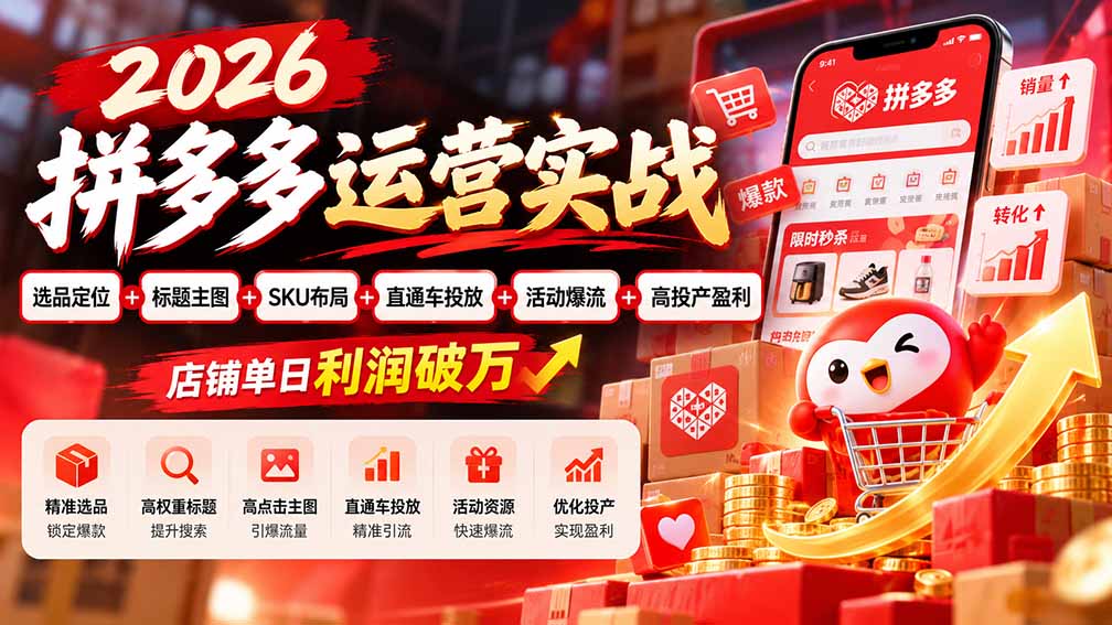 2026拼多多运营实战-更新1002：选品定位+标题主图+SKU布局+直通车投放+活动爆流+高投产盈利 店铺单日利润破万-资源V站