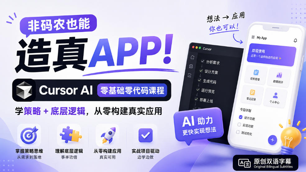 非码农也能造真APP！Cursor AI零基础零代码课程：学策略+底层逻辑，从零构建真实应用【原创双语字幕】-资源V站