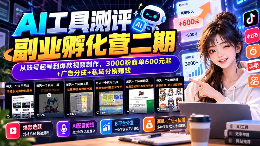 AI工具测评副业孵化营二期：从账号起号到爆款视频制作，3000粉商单600元起+广告分成+私域分销赚钱-资源V站
