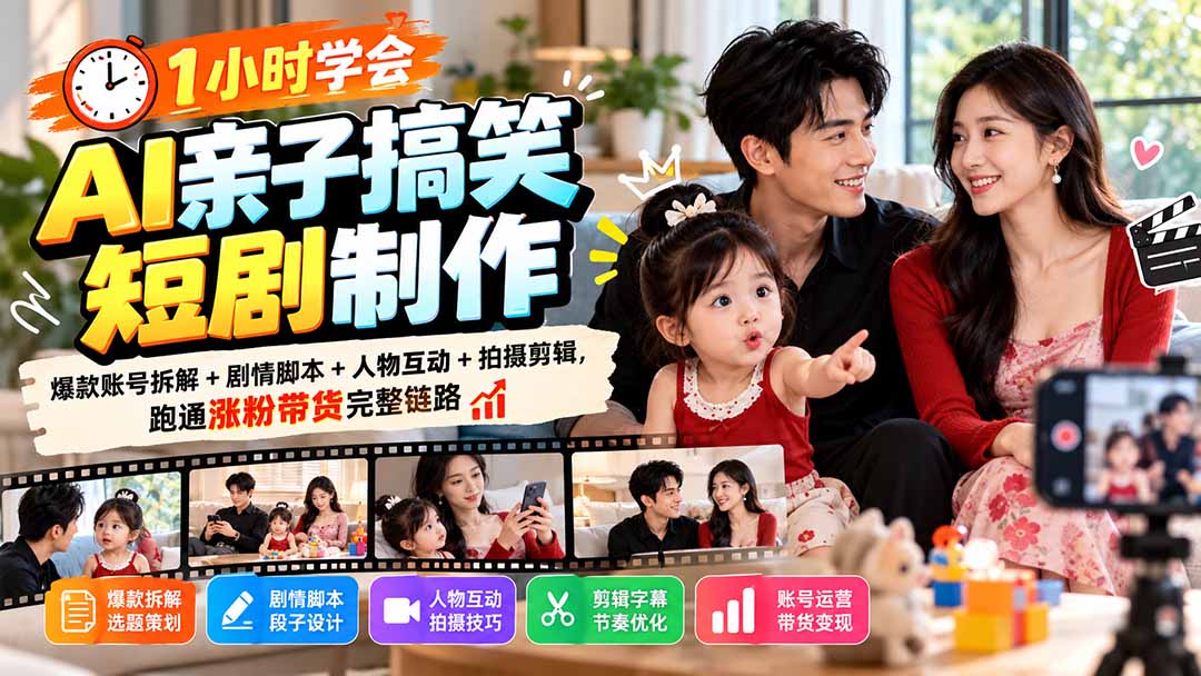 1小时学会AI亲子搞笑短剧制作：爆款账号拆解+剧情脚本+人物互动+拍摄剪辑，跑通涨粉带货完整链路-资源V站