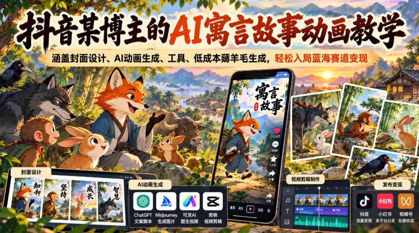 抖音某博主的AI寓言故事动画教学，涵盖封面设计、AI动画生成、工具、低成本薅羊毛生成，轻松入局蓝海赛道变现-资源V站